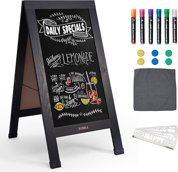 Large Sandwich A-Frame Chalkboard Sign - 40 x 20 Inches Magnetic Wooden Chalk Board for Sidewalk, Stand up Double-Sided Outdoor Easel Display for Restaurant Cafe Shop Wedding Party or Business（Black）
