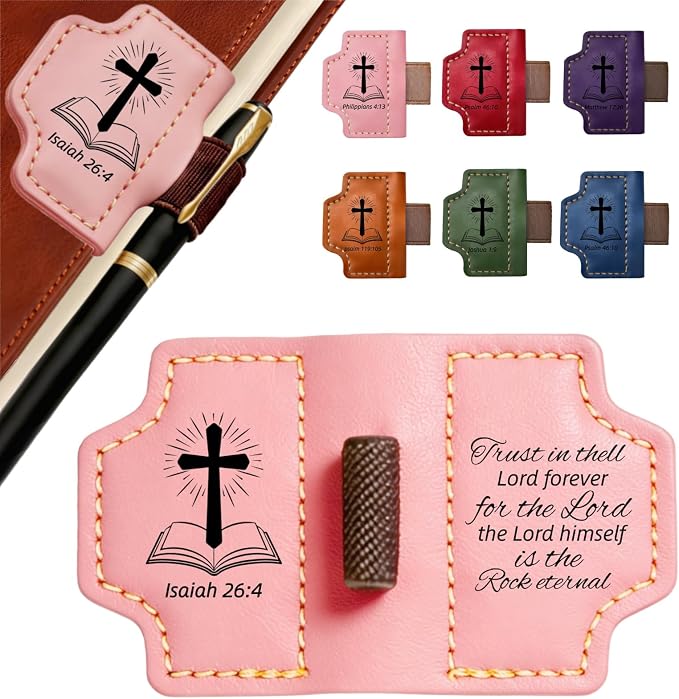 MOTEERLLU Bygone Mark Personalized Magnetic Leather Bookmark Pen Holder, Christian Gifts, Inspirational Bible Book Marks for Reading Women, Men, Teachers, Book Lover(Pink Isaiah 26:4)