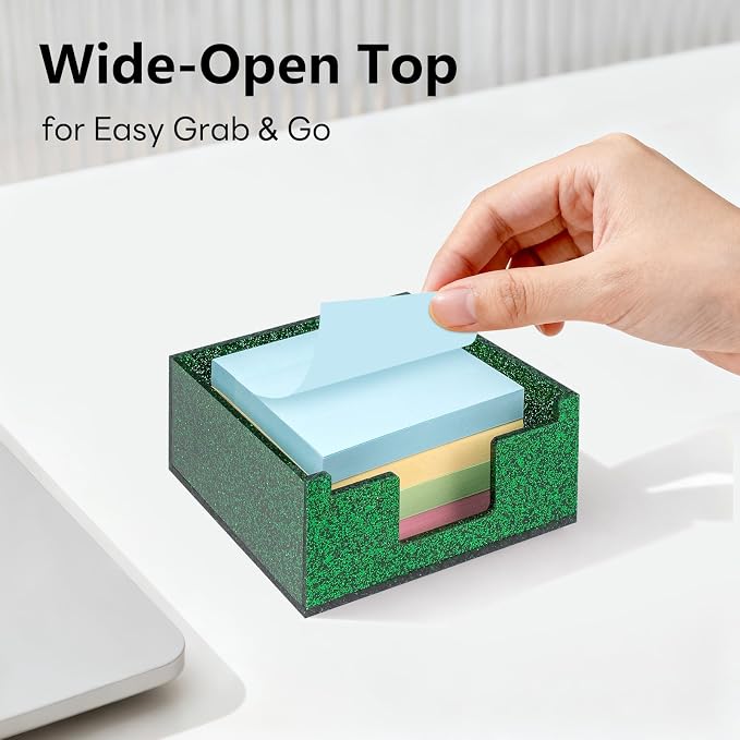 Green Sparkling Sticky Note Holder, Glitter Acrylic Organizer, 3.94 x 3.94 in Multi-Use Tray for Office, School & Home Desk