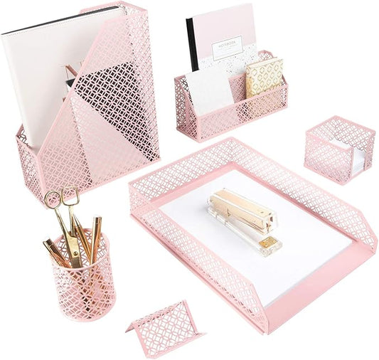 BLU MONACO Pink Desk Organizer Set | 6-Piece Metal Desktop Accessories | Mail Sorter Organizer Countertop | Letter Sorter for Desk | Mesh Pen Holder | Home Office or Dorm