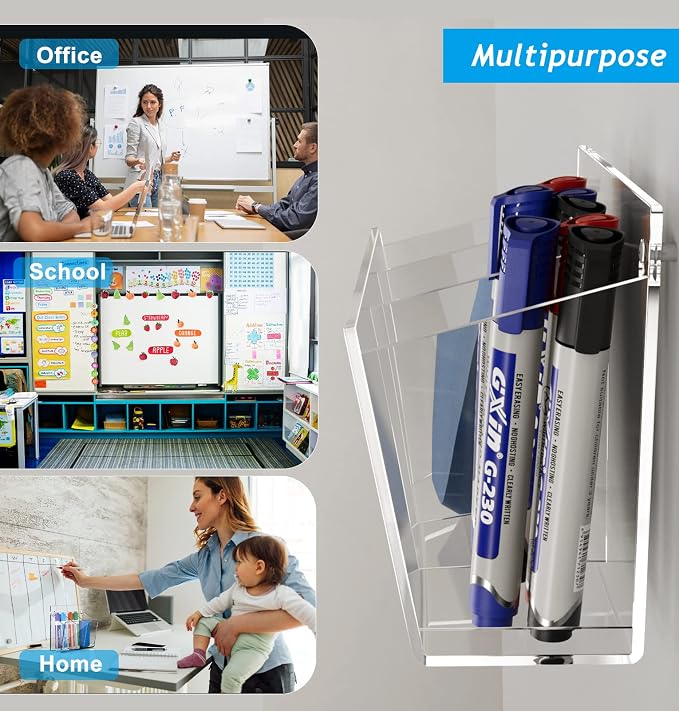 FUCDTEFC Wall Mount Marker Holder, Acrylic Dry Erase Marker Wall Holder, 3 Compartments Pencil Pen Dispenser Makeup Markers Holder Whiteboard Clear Organizer for Classroom Wall