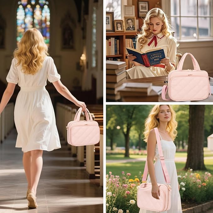 Large Bible Cover for Women,2 Compartments Bible Carrying Case With Handles Shoulder Strap, Soft Puffy Quilted Bible Bags With Book Cover Organizer, Bible Tote For Church Study Supplies Accessories