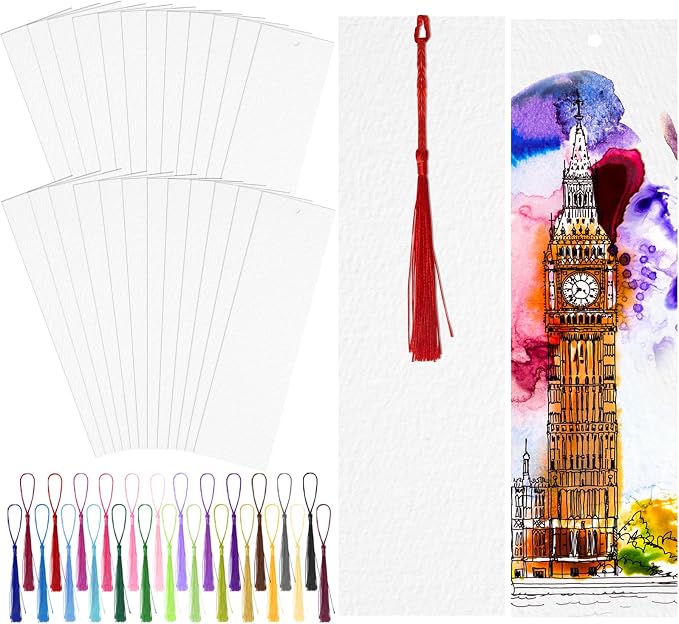 LOTMER 100 Pcs Watercolor Paper Blank Bookmarks with Colorful Tassels Book Marks Tassels DIY Kit Cotton Watercolor Paper Bookmarks with Hole for DIY and Gifts Tags 7.87x1.97 inch