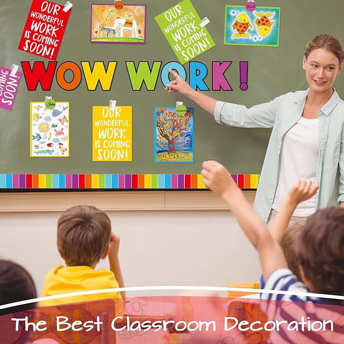 Mooliwe 139 Pcs Student Work Display Bulletin Board Decoration Set Colorful Wow Works Cutouts with Clips Names Display Classroom Wall Decor for Teachers Back to School Supplies(Rainbow,Classic)