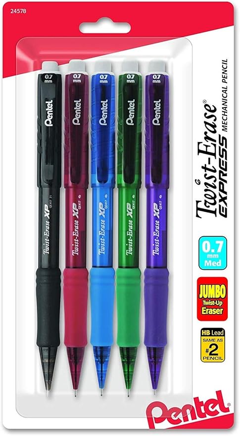 Pentel Twist-Erase Express Mechanical Pencil, (0.7mm), Medium Line, Assorted Fashion Colors, Pack of 5 (QE417FBP5M)