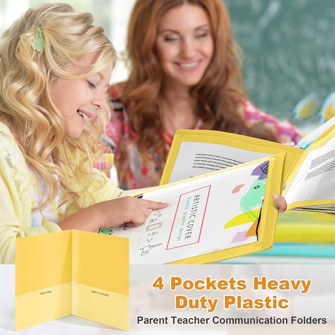 Henoyso 48 Pcs Take Home Folder Heavy Duty 2 Clear Front Pockets and 2 Inside Pockets Homework Folders for School Students Parent Teacher Classroom Communication (Yellow)