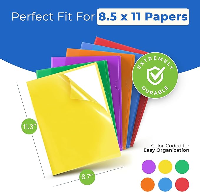 Dunwell Clear Plastic Folders for Documents (36 Pack, Assorted Colors) - Letter Size Plastic File Folder Sleeves 8.5x11 - Durable & Tear-Resistant Poly Document Folder Jackets for School Office & Home