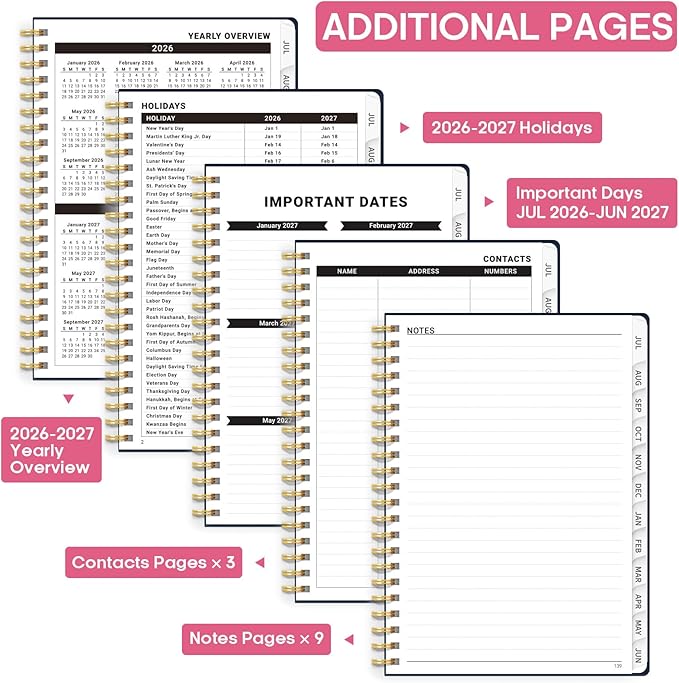 Academic Planner 2026-2027, Weekly and Monthly Calendar Book, July 2026 – June 2027, Hardcover Planner with Tabs, Perfect for Teachers, Students, Women & Men, A5 (6.4" x 8.5") - Jellyfish
