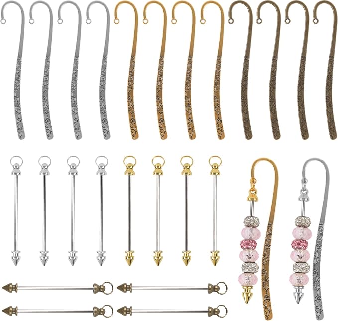 24 Pcs Beadable Bookmarks Metal Hook Bookmark Hairpin Beadable Keychains Bars Beaded Keychain Making Kit for Book Lovers Office Supplies 3 Colors
