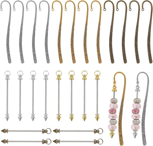 24 Pcs Beadable Bookmarks Metal Hook Bookmark Hairpin Beadable Keychains Bars Beaded Keychain Making Kit for Book Lovers Office Supplies 3 Colors
