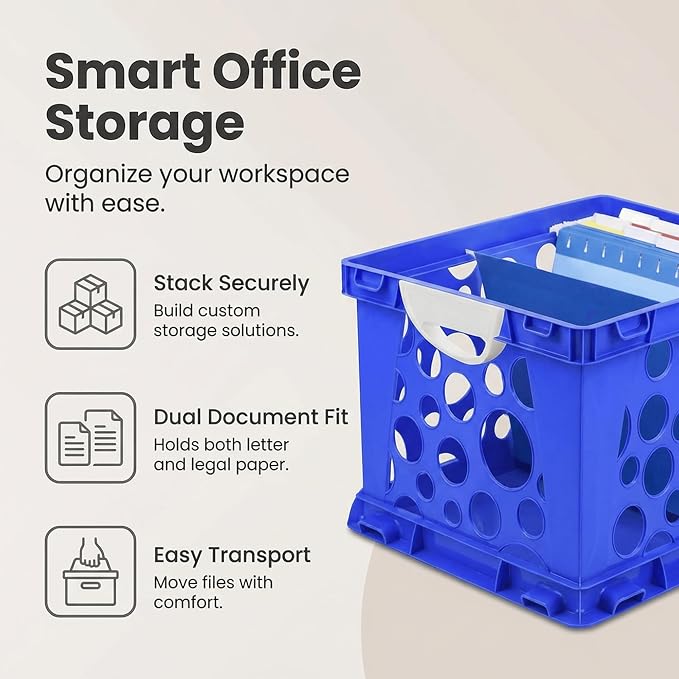 Storex Premium File Crate with Molded Handles – Letter & Legal Document Storage, Stackable, Heavy Duty Plastic, Classroom Blue, 3-Pack