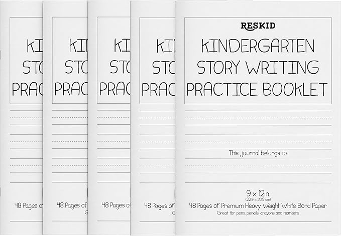 Reskid 5-Pack of 48-Page Kindergarten Story Writing Paper Booklets with Dotted Lines - 240 Pages of Blank Handwriting Practice Paper - Kindergarten Notebook, Elementary Lined Writing Paper