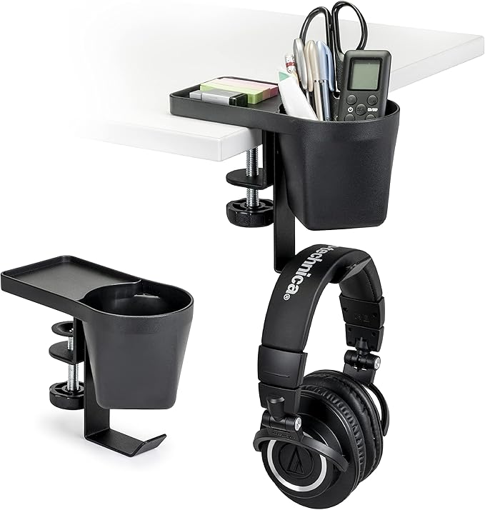 EHO Clamp-On Desk Pen and Cup Holder, 3-in-1 Stationery Organizer with Pencil and Accessory Storage, Reversible Hanging Hook, Space-Saving Desk Clamp Organizer, TAA-Compliant
