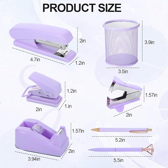 14Pcs Purple Desk Accessories, Purple Office Supplies Desk Supplies Set Office Essentials Stapler and Tape Dispenser Set, with Paper Clips Staple Pen Holder Staple Remover Back to School Supplies