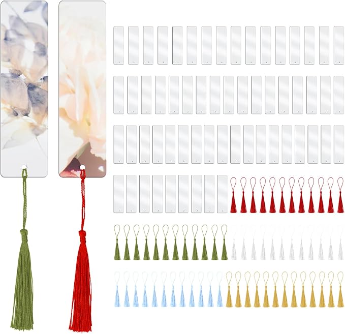 60 PCS Acrylic Bookmark Blanks, Clear Acrylic DIY Blank Bookmarks with 60 Multi-Color Bookmark Tassels for DIY and Graduation Gift Tag Decoration