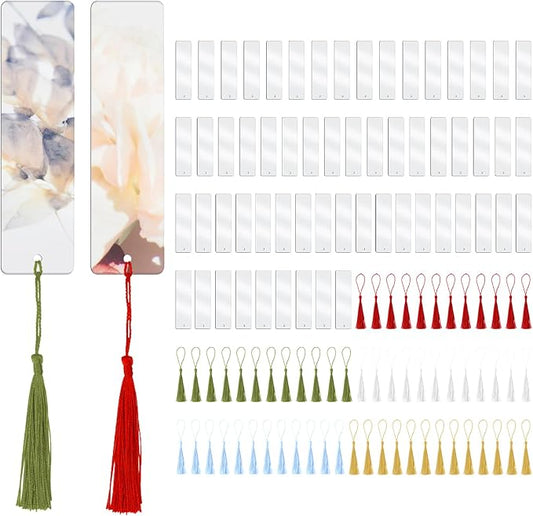 60 PCS Acrylic Bookmark Blanks, Clear Acrylic DIY Blank Bookmarks with 60 Multi-Color Bookmark Tassels for DIY and Graduation Gift Tag Decoration