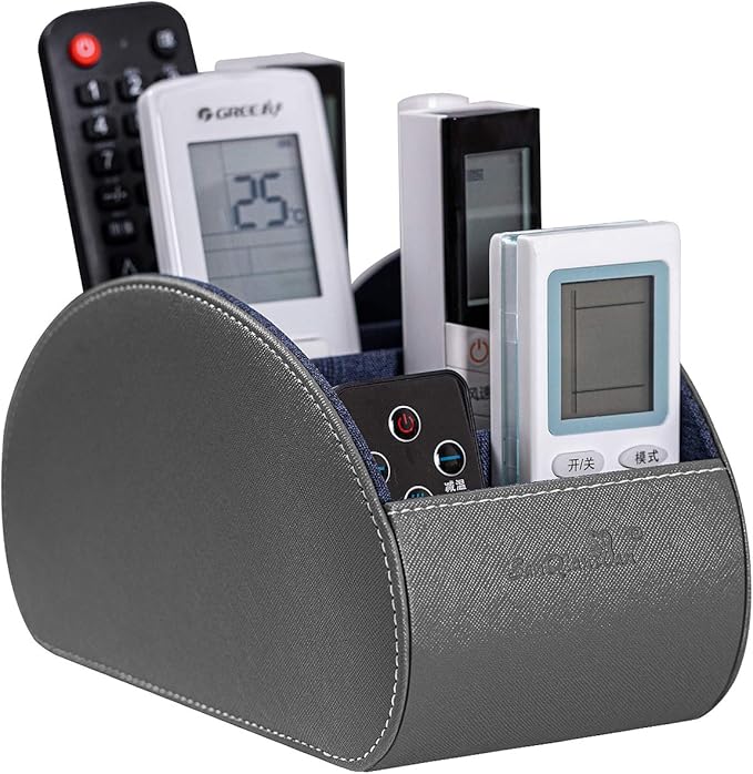 BONNY DODO Remote Control Holders Organizer Box with 5 Compartment PU Leather Multi-functional Office Desk Storage Caddy Store (Grey)