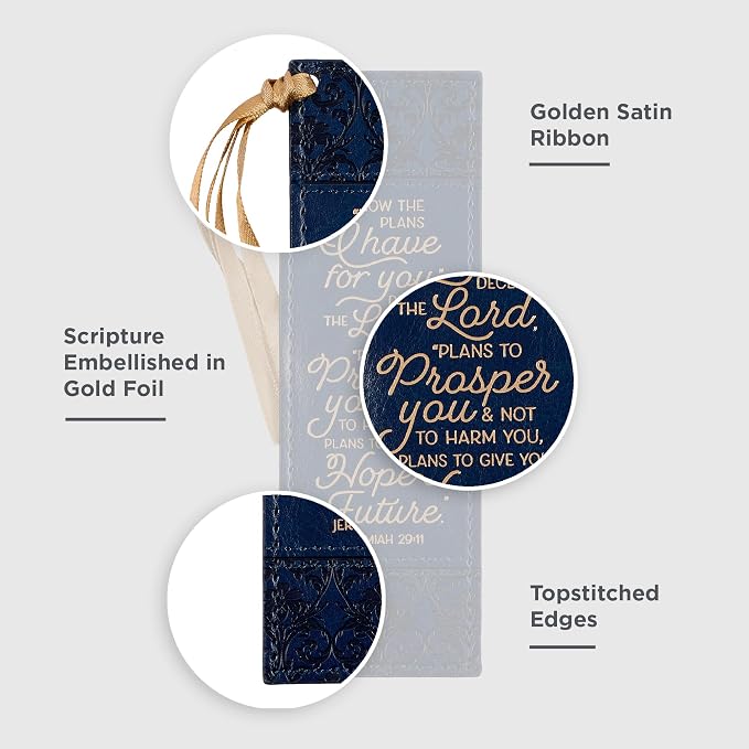 Christian Art Gifts Navy Blue & Gold Premium Vegan Leather Scripture Bookmark for Women: I Know the Plans - Jer. 29:11 Inspirational Bible Verse w/Dark Golden Satin Ribbon & Debossed Floral Design