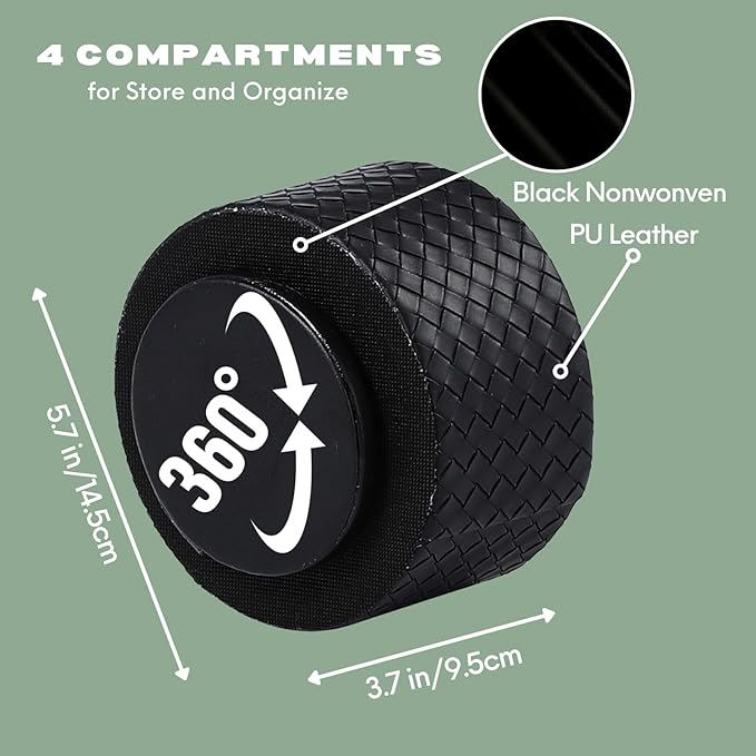 Spinning Pencil Holder, PU Leather 360 Degree Rotating Remote Control Holder for Table with 4 Compartments, Cute Pen Holder Desk Organizer, Black PH116