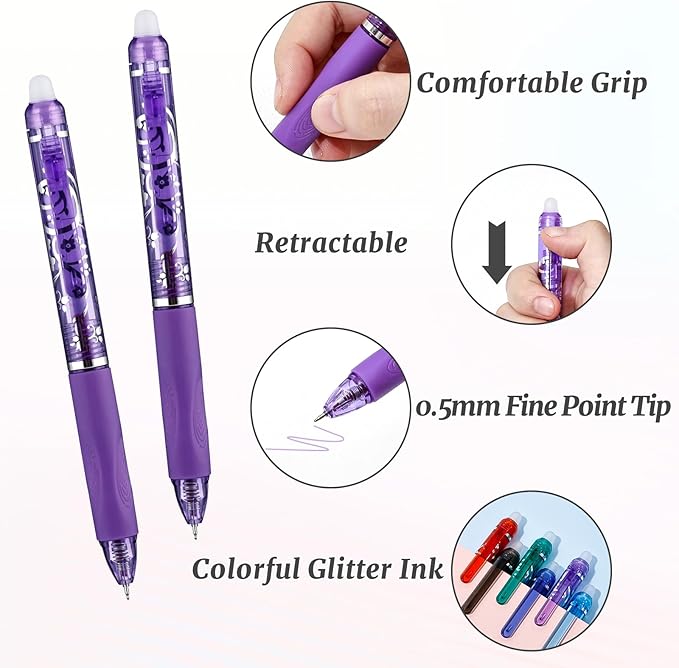 6 Pcs Retractable Erasable Pens, Colored Gel Purple Ink Pens Clicker with Erasers, 0.5mm Fine Point Smooth Writing Pen for Journaling Note-Taking Crossword Puzzles Supplies (Purple)