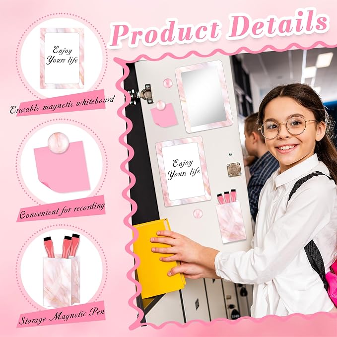 Denylo pro Magnetic Locker Marble Accessories Kit Pink Back to School Essentials Locker Organizer Supplies Include Mirror Whiteboard Pen with Holder Magnet Magnetic Buckle Back to School Essentials