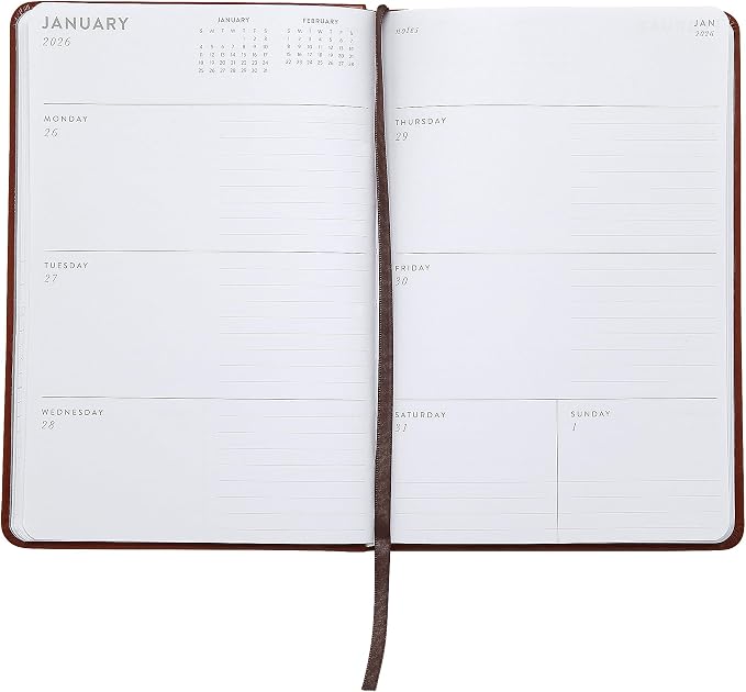 WORLD TRAVELER 2026 Planner - 6x8 Inch Weekly and Monthly Calendar Planner Agenda Book with Bookmark & Ribbon for School and Office, Size 6X8, Brown