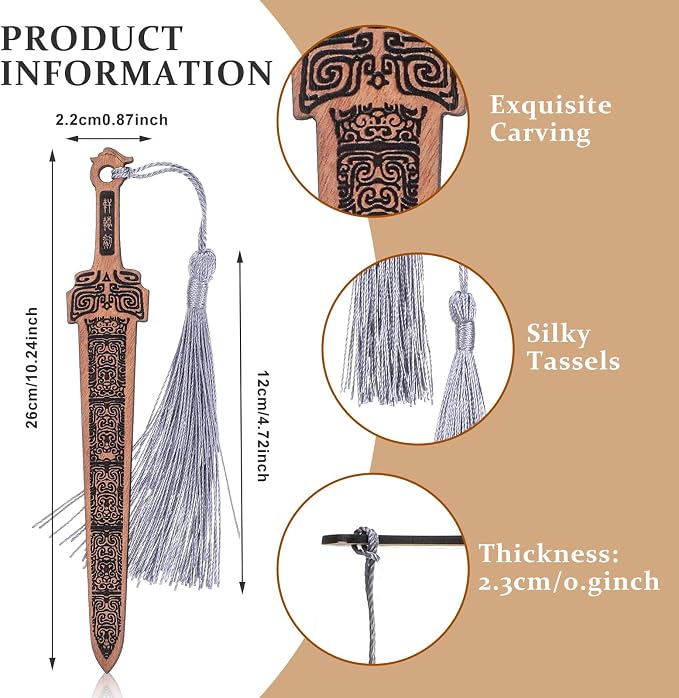 Nogeqi 3 Pcs Wooden Sword Bookmark,Cool Bookmarks with Tassel,Vintage Book Marks for Reading Men,Book Reading Accessories,Gift for Men Teacher and Student Office School Library Bookstore(Black Brown)