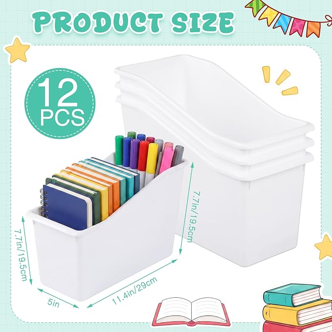 Fuutreo 12 Pcs Pieces Book Bins for Classroom Plastic Binder Holder Magazine Stuff Folder File Organizer Box for Home Office School Supplies (White)