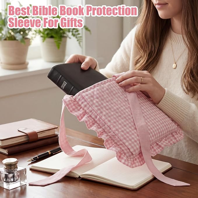 Honoson Quilted Bow Bible Sleeve Cover Case Padded Protector Washable Bible Bag Pouch Christian Gift for Women Girls Book Lover Gifts(Pink Gingham)