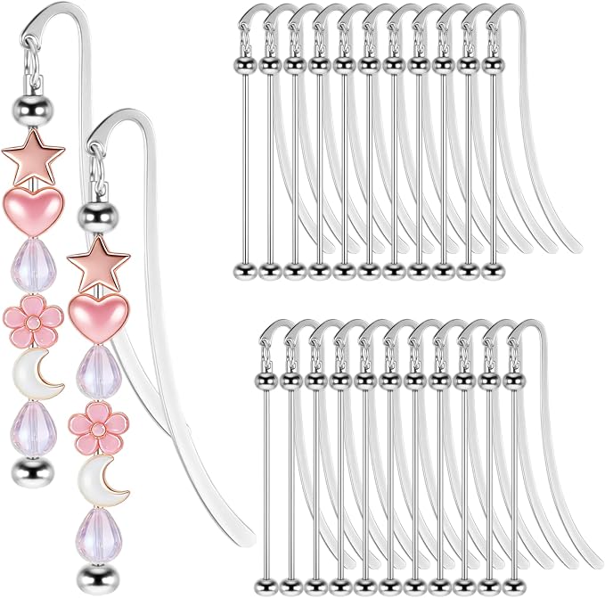 24 Pcs Beadable Bookmarks Bulk DIY Metal Blank Bookmarks to Decorate Beadable Items Beaded Craft Jewelry Bar Pendant Charm Gifts Office Supplies for Book Lover (Silver)