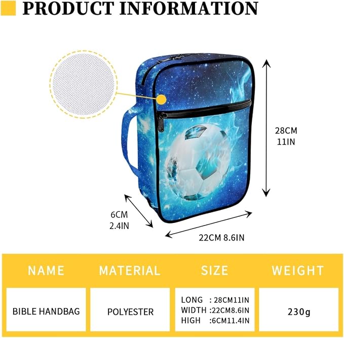 Coldinair Blue Starry Soccer Print Bible Cover for Men Teens Kids Boys,Galaxy Soccer Carrying Book Case Church Bag Bible Bag with Handle and Zippered Pockets