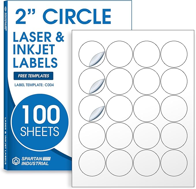 2" Printable Round Labels for Laser and Inkjet Printers - 2000 Blank Labels, 100 Sheets for Thank You Stickers, Price Tags, QR Codes, Business Logos - Spartan Industrial Template C004