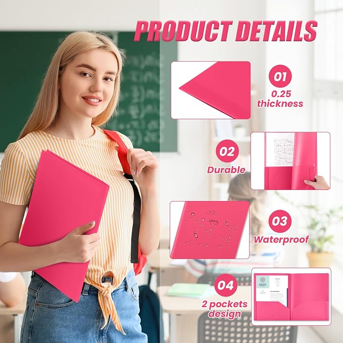Gueevin 100 Pack Plastic Folder with Pockets, 2 Pocket Folders, Plastic Glossy Folders Fit Letter Size Paper, Heavy Duty Durable File Folder with Business Card for Home Office School (Hot Pink)