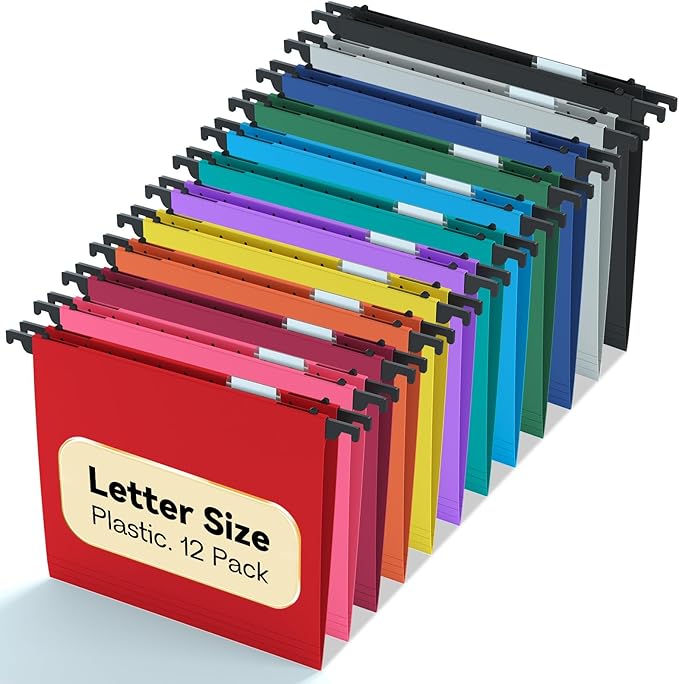 Plastic Heavy Duty Hanging File Folders,12 Pack Reinforced Letter Size Hanging Folders for Filing Cabinet,Candy Color Home Office Hang Foldr for File Box Frame Drawer,Filing System with Tabs