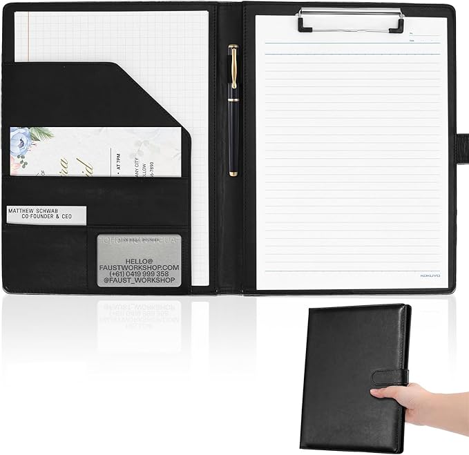 Professional Padfolio with Clipboard, Faux Leather Portfolio Folder Binder, Legal Pad Holder for A4 Letter Size Notepad, Resume, Writing Pad, Ideal Organizer for Business Office Conference, Black,