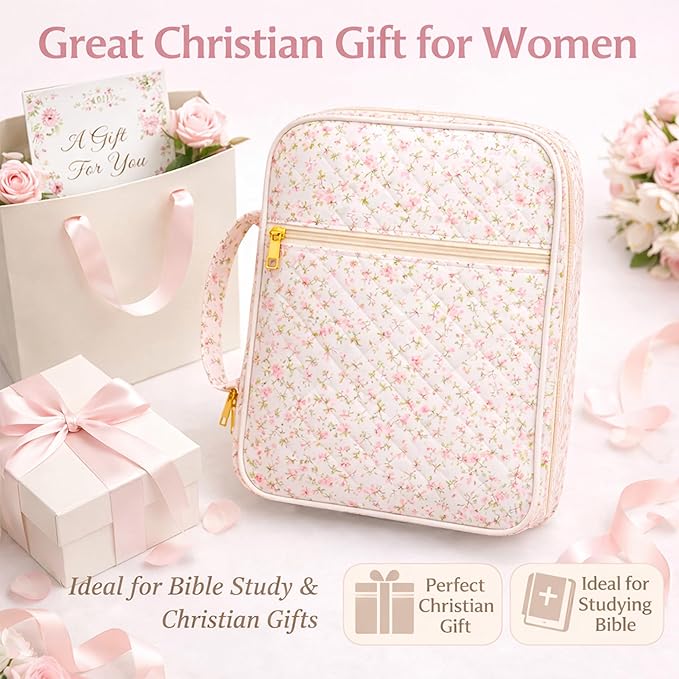 Bible Bag for Women, Bible Cover Case with Study Supplies,Large Quilted Bible Bag with Handle and Zipper, Suitable for Christian Books-Christian Gift for Girls(Small Floral Pattern)