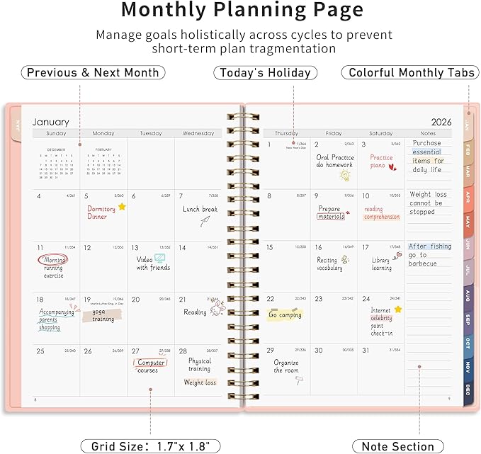 RETTACY 2026-2027 Monthly Planner, Jan 2026 - Dec 2027, Large Size (8.5" x 11"), Agenda, Calendar, 24 Month Tabs, Flexible Plastic Cover, 100 GSM Thick Paper, Spiral-bound (Pink)