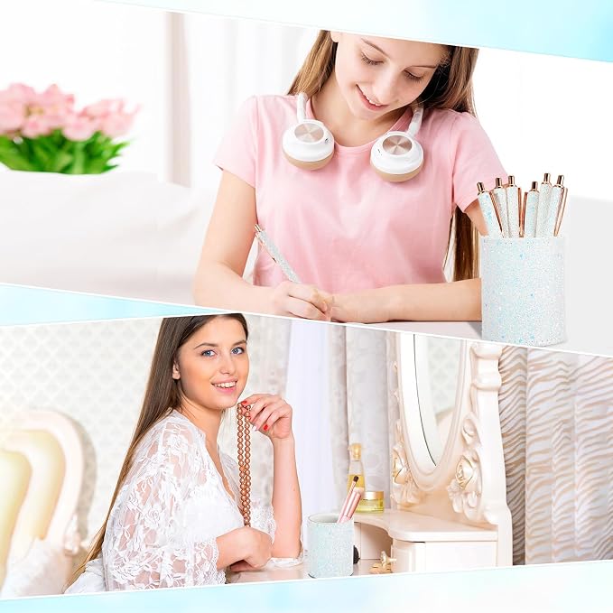 Bling Sequin Pen Holder with 6 Pcs Sequin Click Pens Cute Glitter Retractable Ballpoint Pens, Pencil Cups for Desk Organizer Makeup Brush Holder for Women Girls Classroom Offices(White)