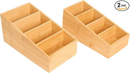 2 Pack Bamboo Food Pantry Organizers for Kitchen, Cabinet, Office,countertop, Wood Snack Organizer and Storage for Spices, Snacks,Coffee, Tea,(4 Section)
