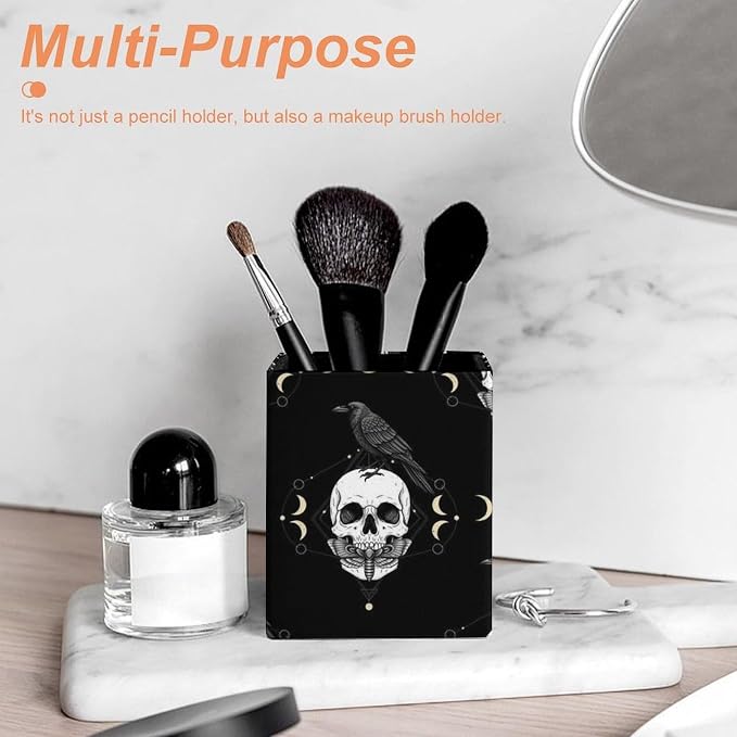 Men's Fashion Pencil Pen Holder Cup, Waterproof Office Supplies, Waterproof Multifunctional Office Supplies Black Raven Moon Skull