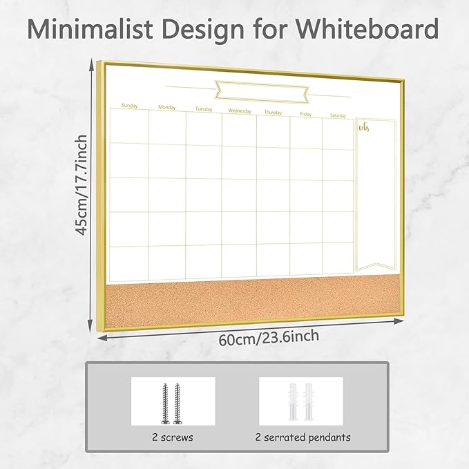 Whiteboard Calendar & Corkboard, 18" x 24" Dry Erase White Board & Bulletin Board, Gold Aluminum Frame Calendar/Cork Combo Board(ZHYL-Gold-4560-B+1)