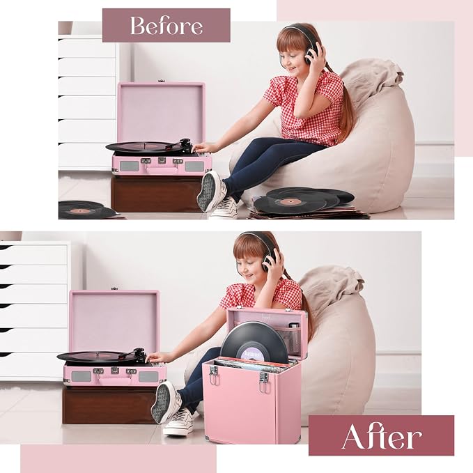 Hododou Vinyl Record Storage Box with Lock Record Organizer Storage for 30+ Single Records 12-inch Water Resistant Collapsible Storage Crate with Handle Mesh Pouch for Valuable Album Collection Pink