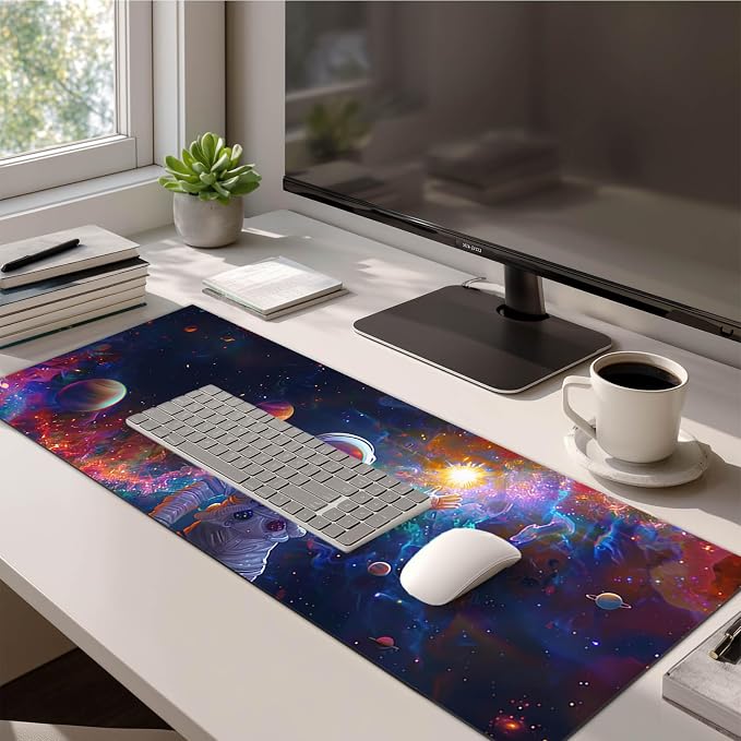 HOMETITUTE XL Mouse Pad 31.5 x 11.8 in Space Astronaut Desk Mat Large Extended Keyboard Mousepad Non Slip Waterproof Nebula Design for Gaming Office Home