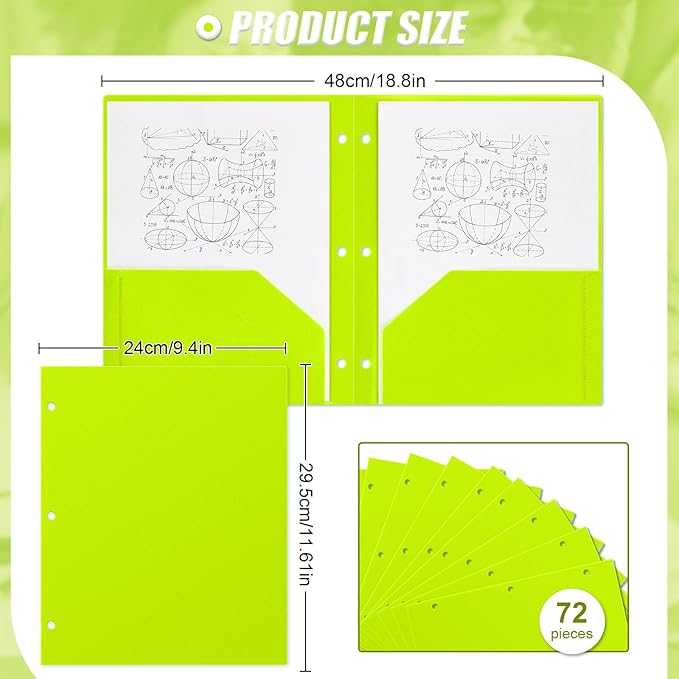 Yeaqee 72 Pcs Plastic Folders with Pockets Bulk 3 Hole Punched 2 Pocket File Folders for 3 Ring Binder Divider Folder for Notebooks, Durable Poly for Office Home (Neon Green)