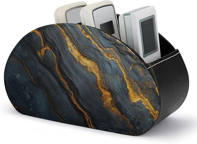 Black Glossy Marble Remote Control Holder with 5 Compartments Leather TV Remote Caddy Remote Storage Box Desktop Organizer for Pen/TV Remotes/Media Controllers/Office Supplies