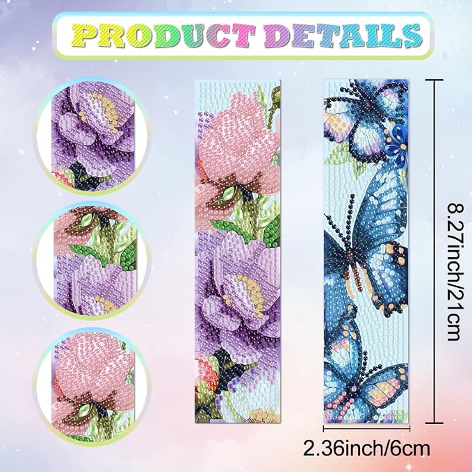 6Pcs Flower Butterfly 5D Diamond Art Bookmarks Sunflower Paeony Roses Floral Diamond DIY Painting Bookmarks Rhinestones Beaded Acrylic Tassel Bookmark for Adult Beginner Crafts