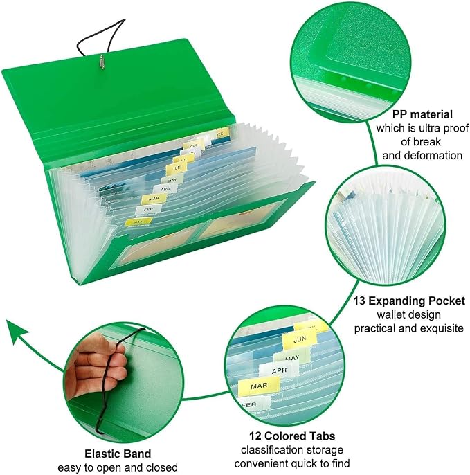 SEEKIND Expanding File Folder 4 Pack, 10.4' 5.5' Receipt Organizer Folder Accordion Folder Document with 13 Pocket for Office,Cards,Tickets-Water Resis