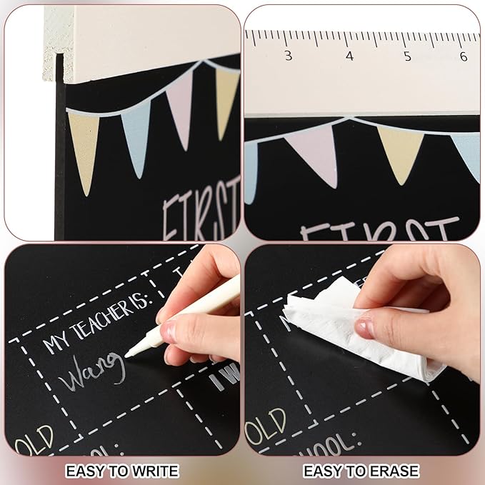 First and Last Day of School Chalkboard Sign 13.8 x 10 Inch Reusable Double Sided First Day of School Sign for Graduation Kids Preschool Kindergarten (Flags Pastel Style)
