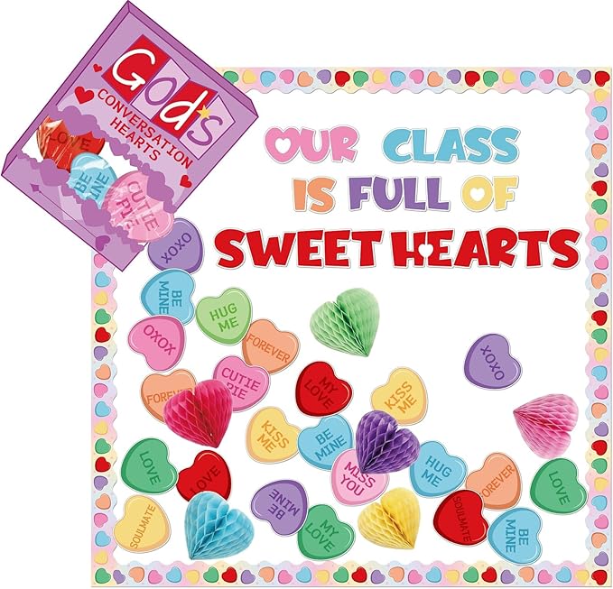 Pasimy Christian Valentine Bulletin Board Decorations God's Conversation Hearts Valentine's Day Classroom Decor 3D Heart Honeycomb Cutouts Sweet Borders for Church Office Wall Window Party Supplies