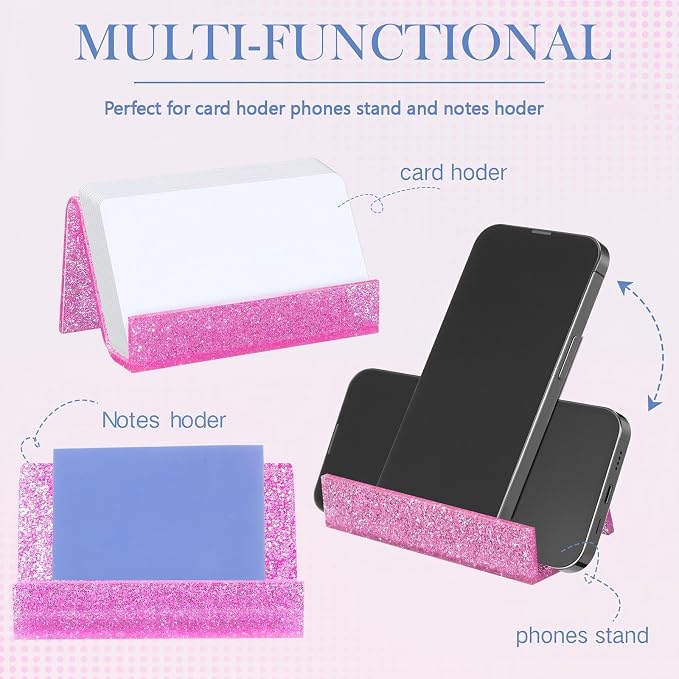GlikCeil 6 Pack Pink Business Card Holder for Desk Glitter Acrylic Business Shine Card Holders Stand Organizer Display for Office Desktop